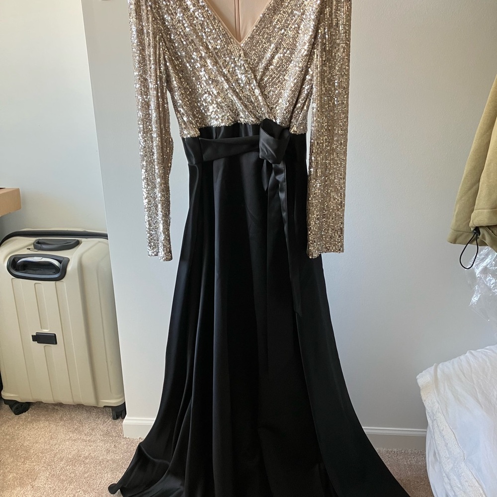 Xscape Sequin Black and Gold Evening Gown